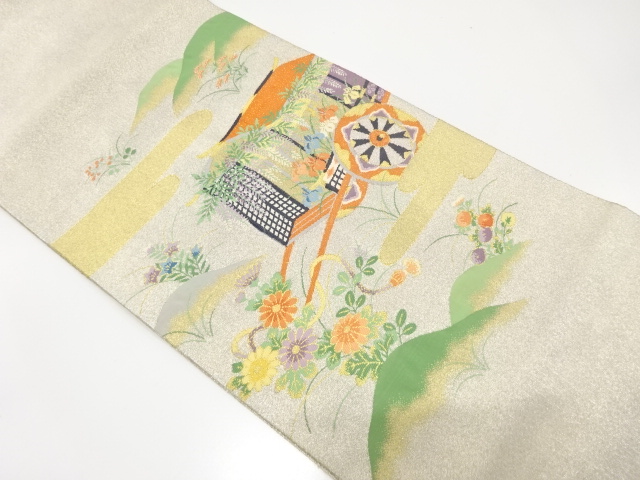 アンティーク　綴れ　御所車・秋草・藤模様織り出し袋帯（材料）